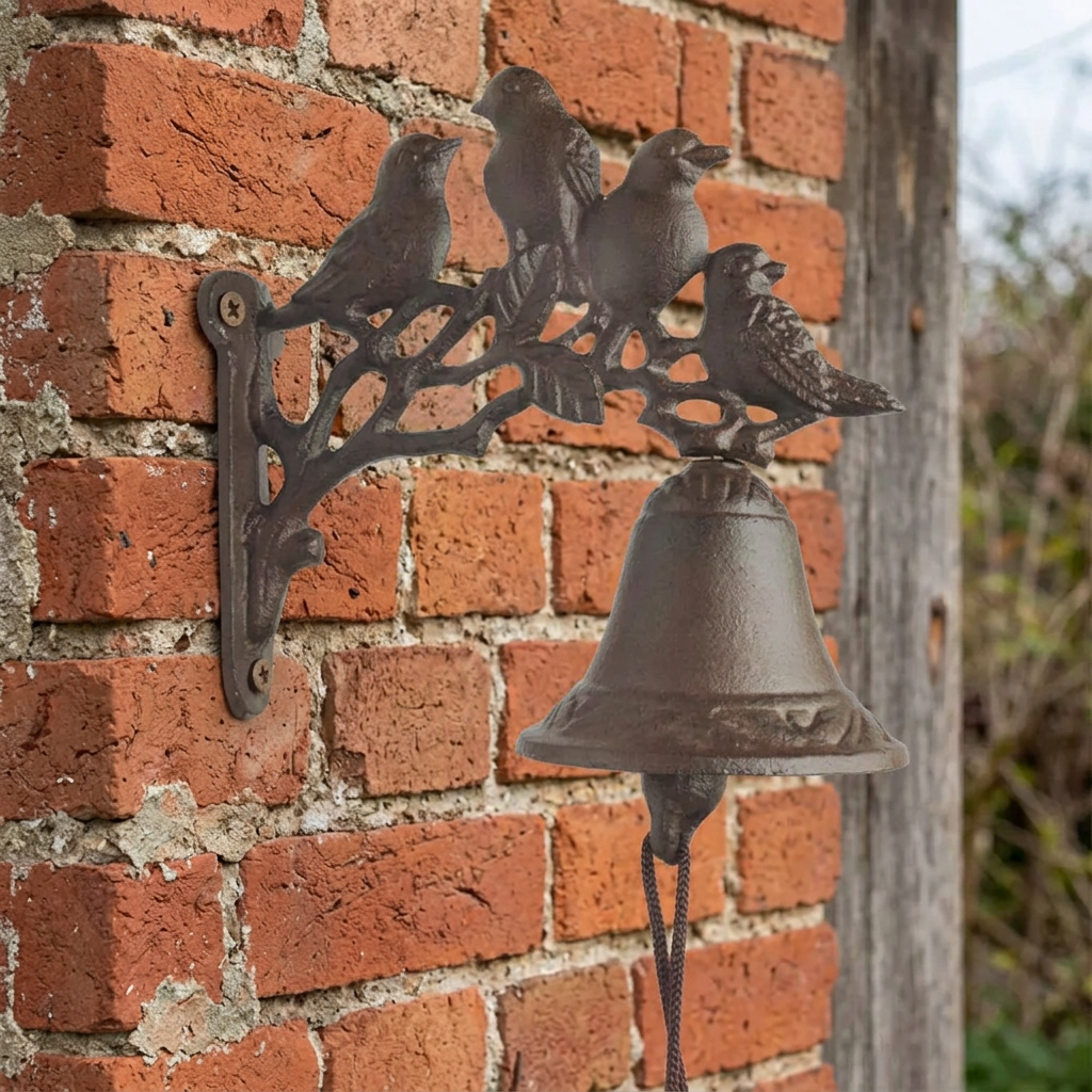 Four-bird doorbell on an aged brick door surround