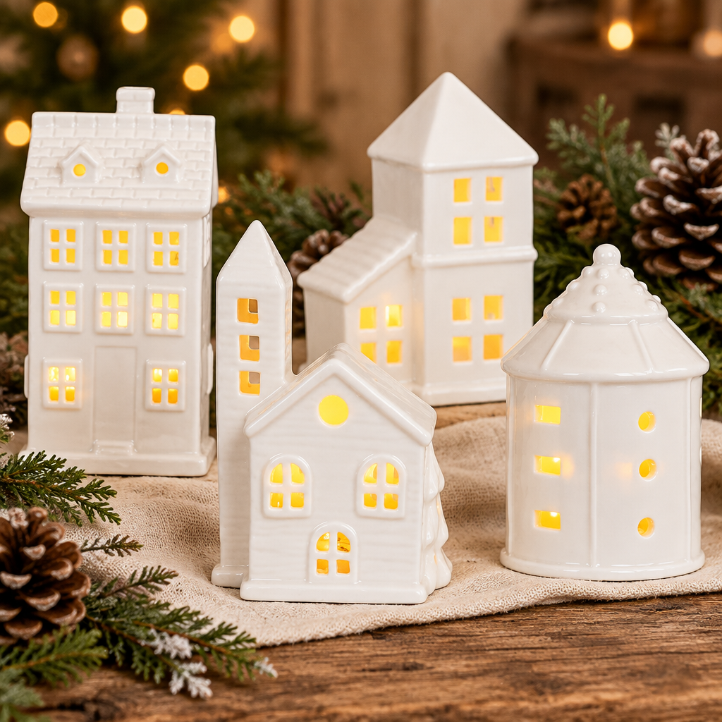 Four ceramic houses in a rustic Christmas display