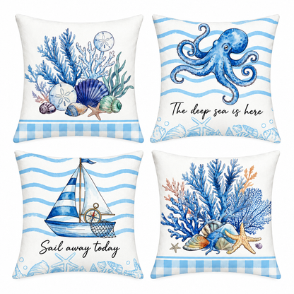 Four coastal cushion designs on white