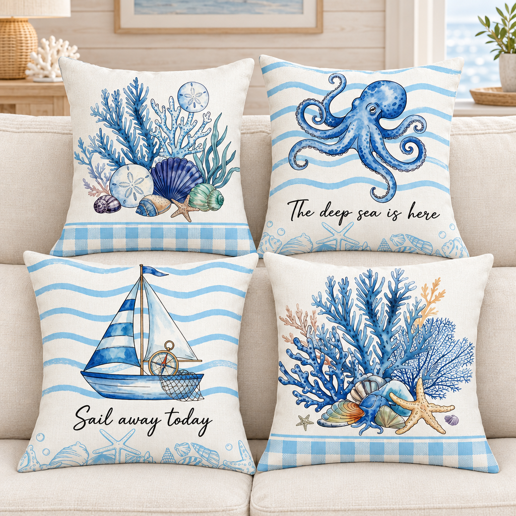 Four coastal cushions styled on a cream sofa