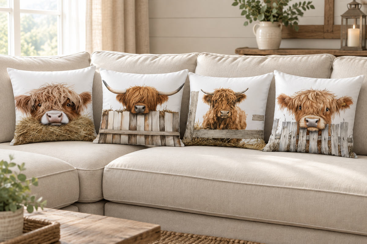 Four-cushion Highland cow set in a farmhouse living room