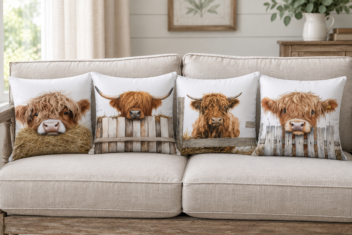 Four Highland cow cushion covers on a rustic loveseat