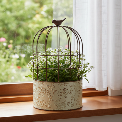 French White birdcage planter on a kitchen windowsill