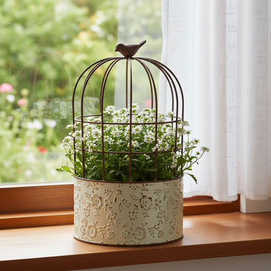 French White birdcage planter on a kitchen windowsill