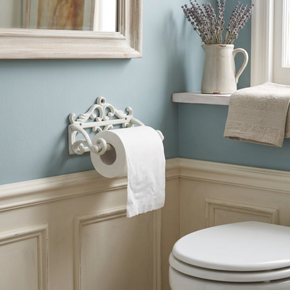 French White holder in a duck-egg-blue provincial bathroom with lavender