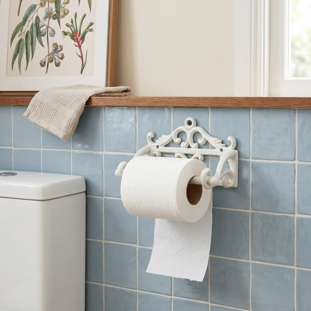 French White holder in a pale-blue cottage powder room