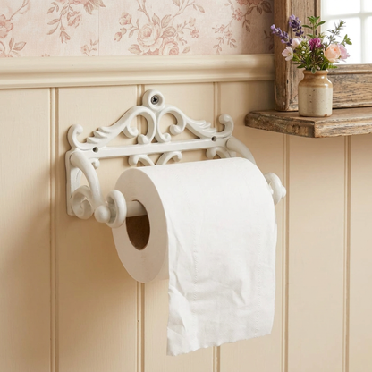 French White holder with blush floral wallpaper and timber accents