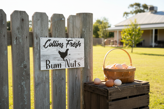 Fresh Bum Nuts Sign — Farmhouse fence with eggs