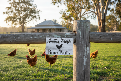 Fresh Bum Nuts Sign — Farmhouse property with chickens