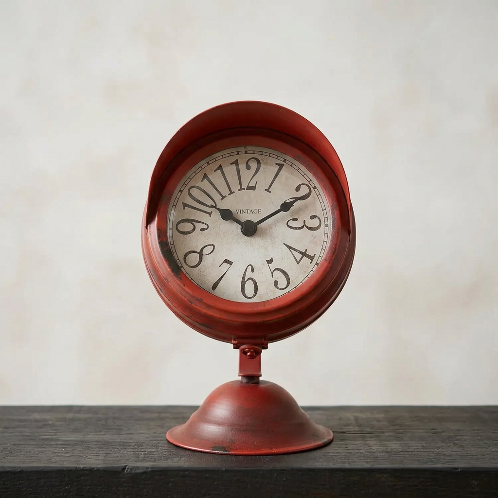 Front-facing clock on a dark timber shelf against pale limewash