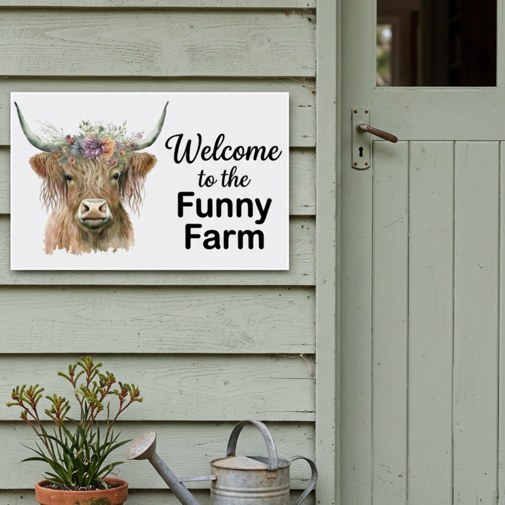 Funny Farm Highland cow sign beside a country cottage door