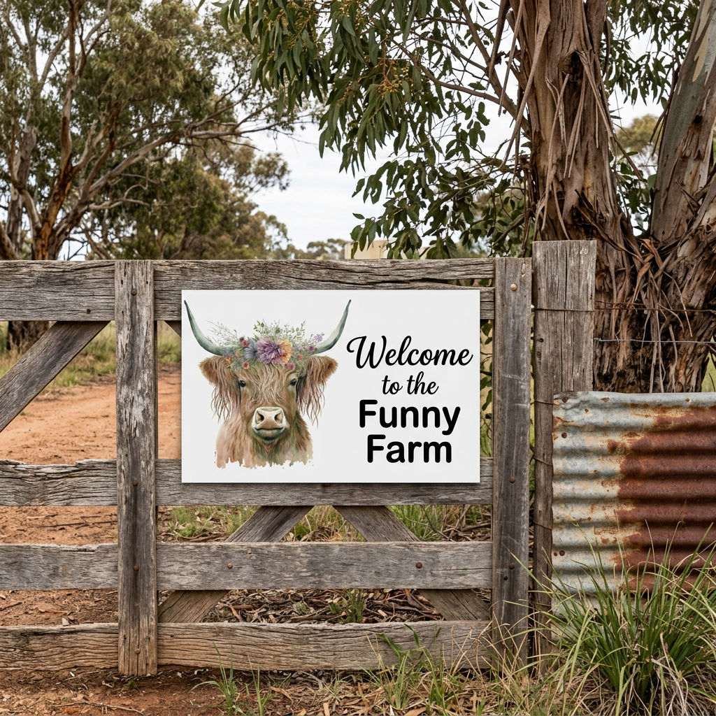 Funny Farm Highland cow sign on a rural timber gate