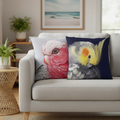 Galah and Cockatiel cushions — grey sofa lifestyle