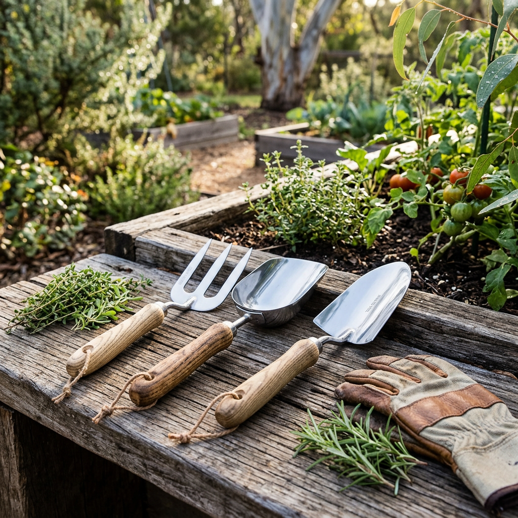 Garden tools beside a raised vegetable bed