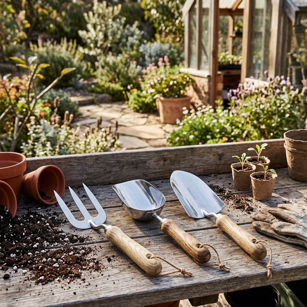 Garden tools on a potting bench