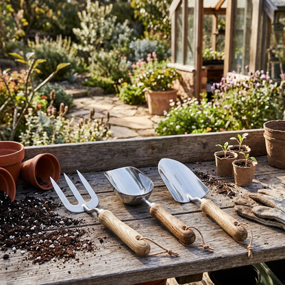 Garden tools on a potting bench