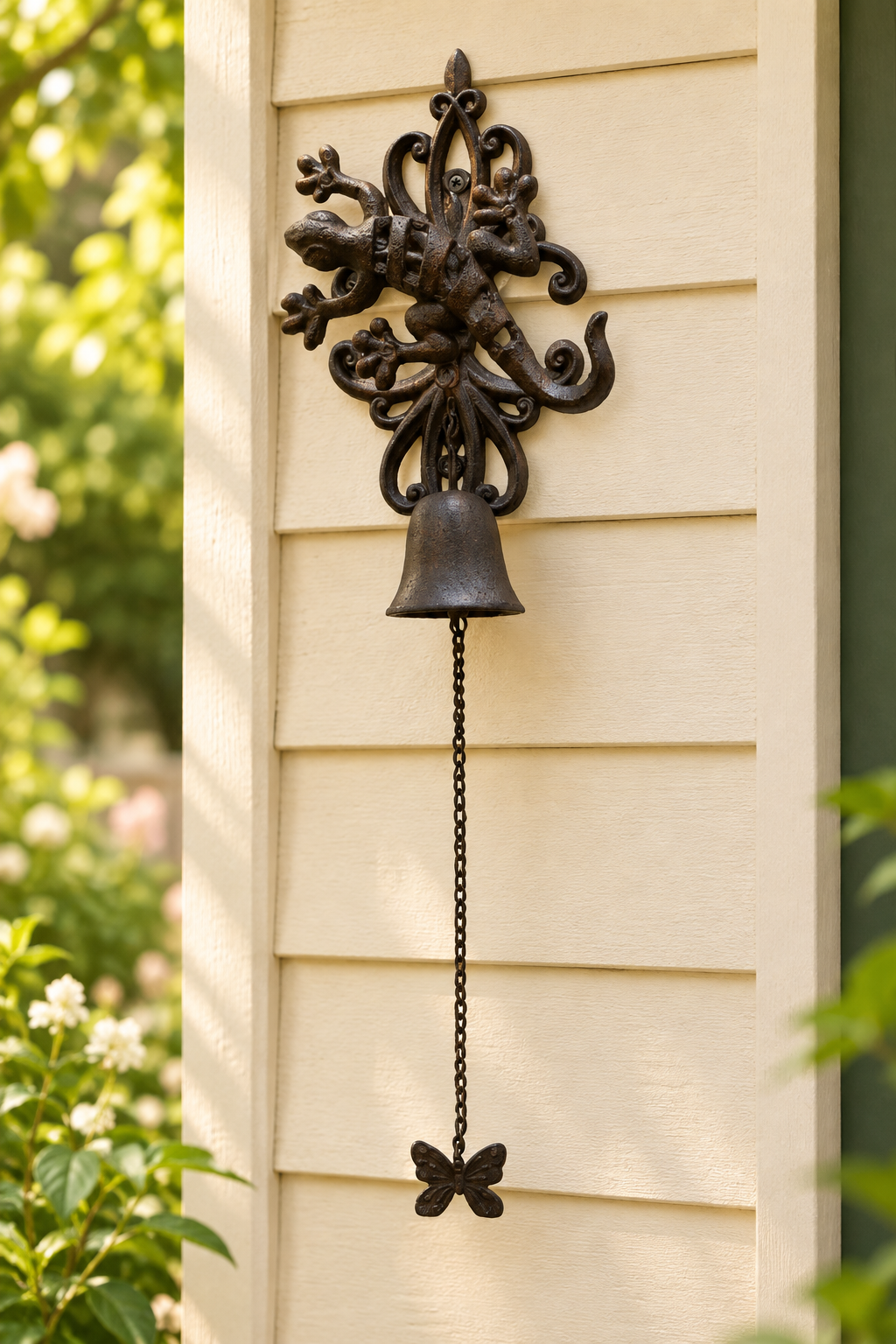 Gecko and butterfly-pull doorbell at a cottage garden entrance