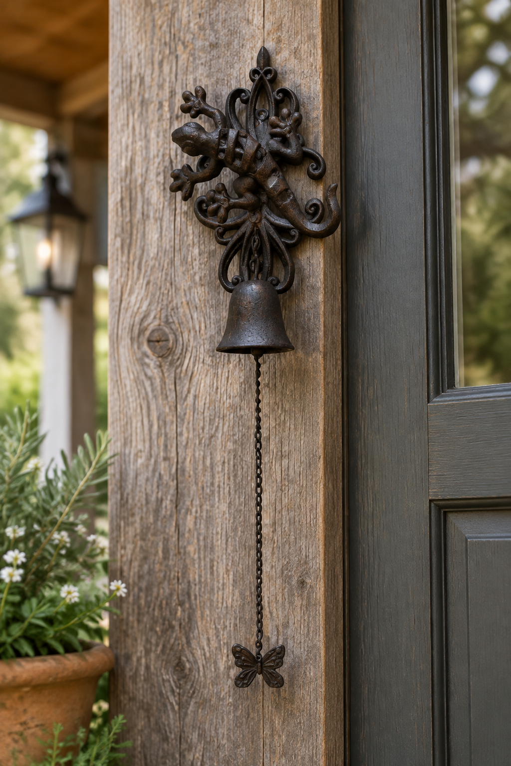 Gecko and butterfly-pull doorbell at a farmhouse doorway