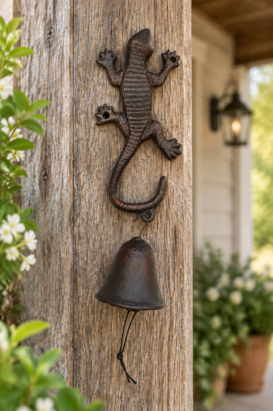 Gecko cast iron doorbell at a farmhouse entrance