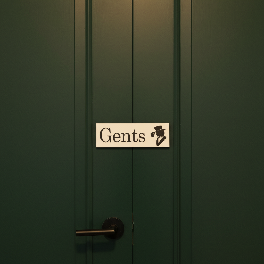 Gents black and white sign with top hat gentleman silhouette on a closed dark green restaurant door