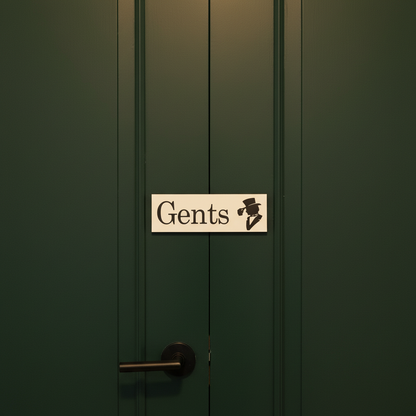 Gents black and white sign with top hat gentleman silhouette on a closed dark green restaurant door