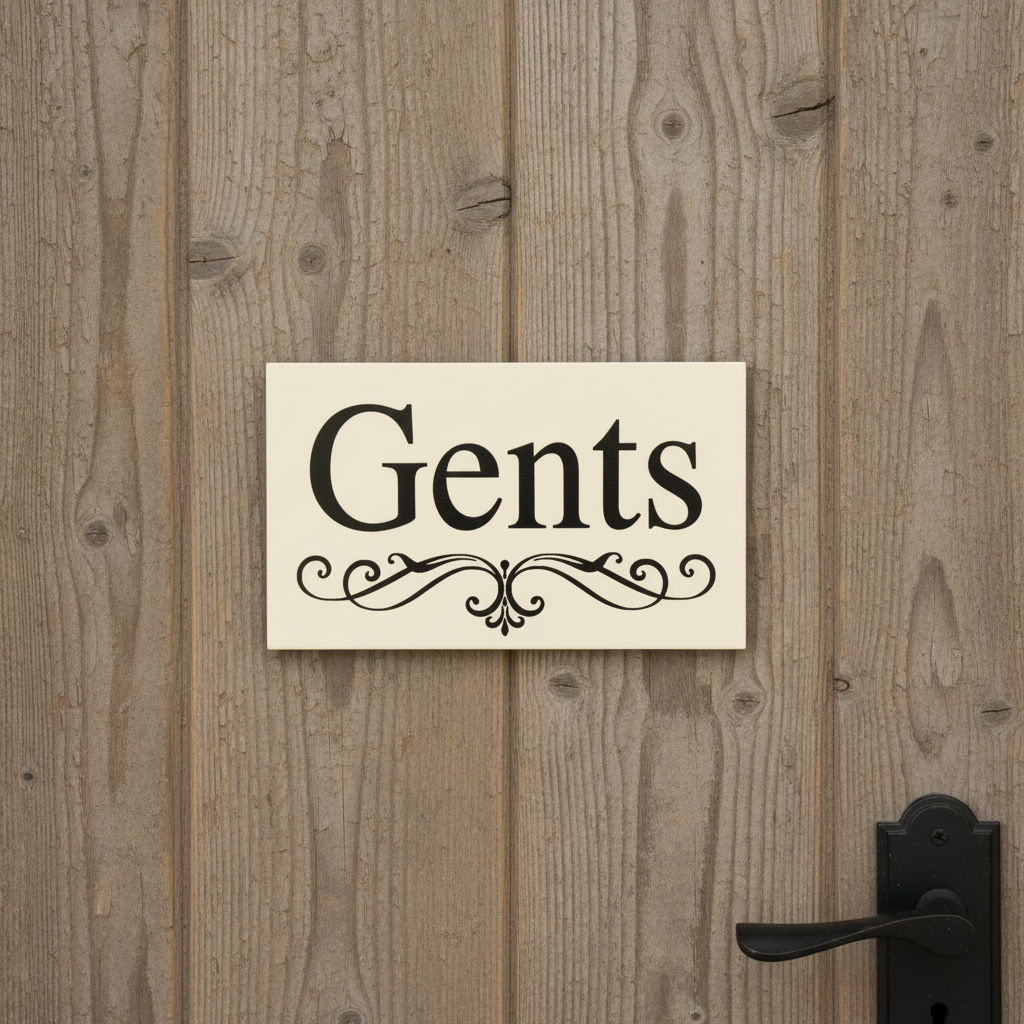 Gents White Elegance cream sign on a weathered barn timber door