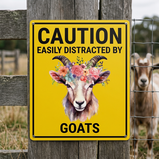 Goat caution sign beside a farm enclosure