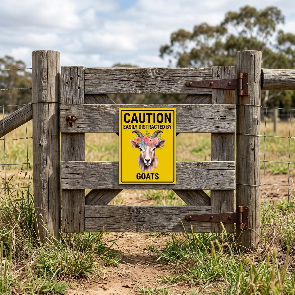 Goat caution sign on a country timber gate