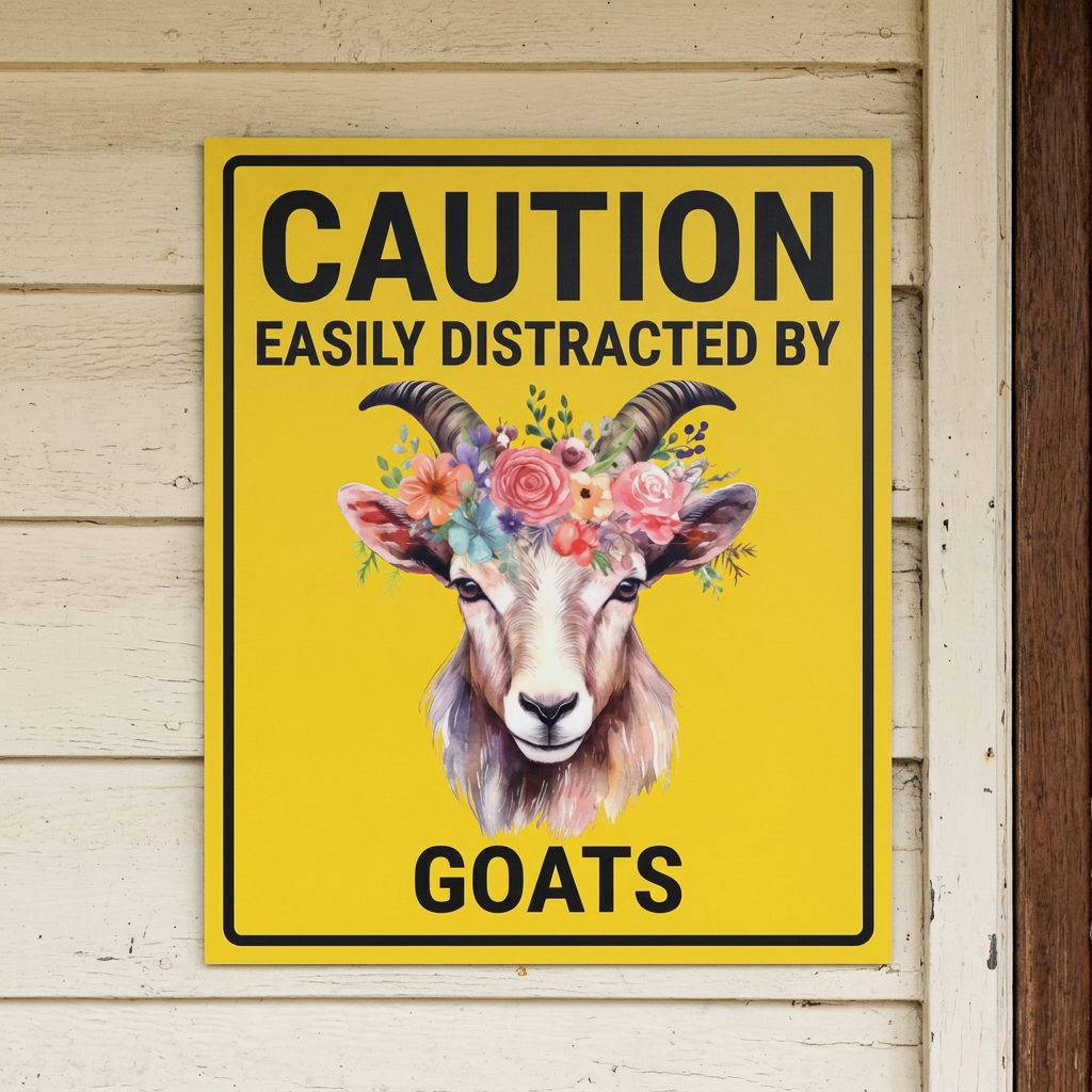 Goat caution sign on cottage weatherboards