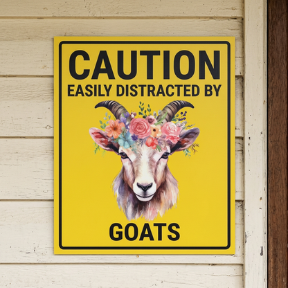 Goat caution sign on cottage weatherboards