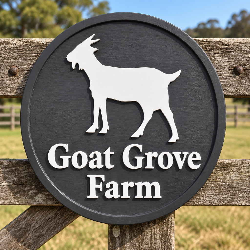 Goat Grove Farm round sign with white raised lettering and a matching raised border