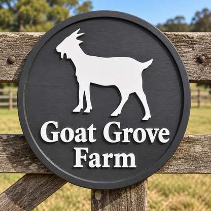 Goat Grove Farm round sign with white raised lettering and a matching raised border