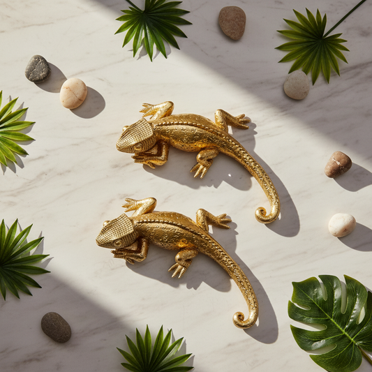 Gold Lizard Sculptures Overhead Flat Lay
