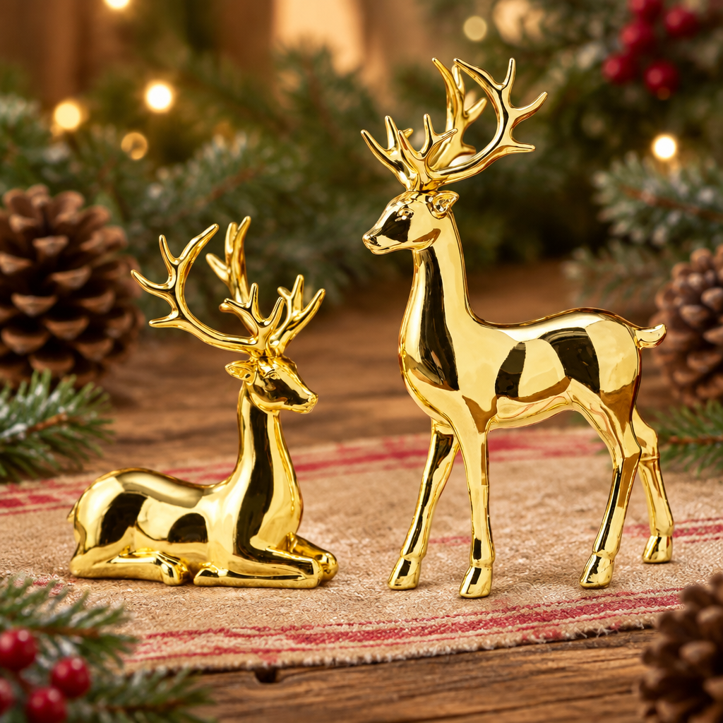 Gold reindeer pair on a rustic Christmas table