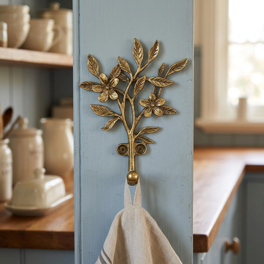 Golden botanical hook with a linen tea towel in a country cottage kitchen