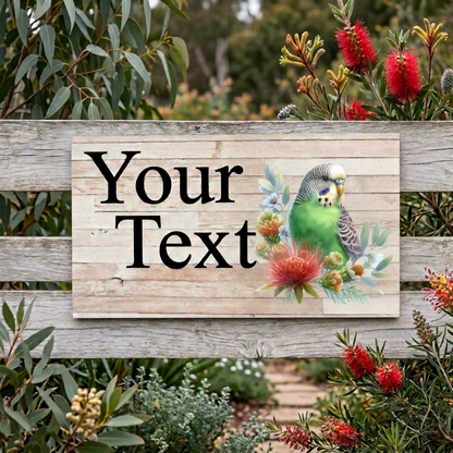 Green budgie sign in the native-garden fence setting