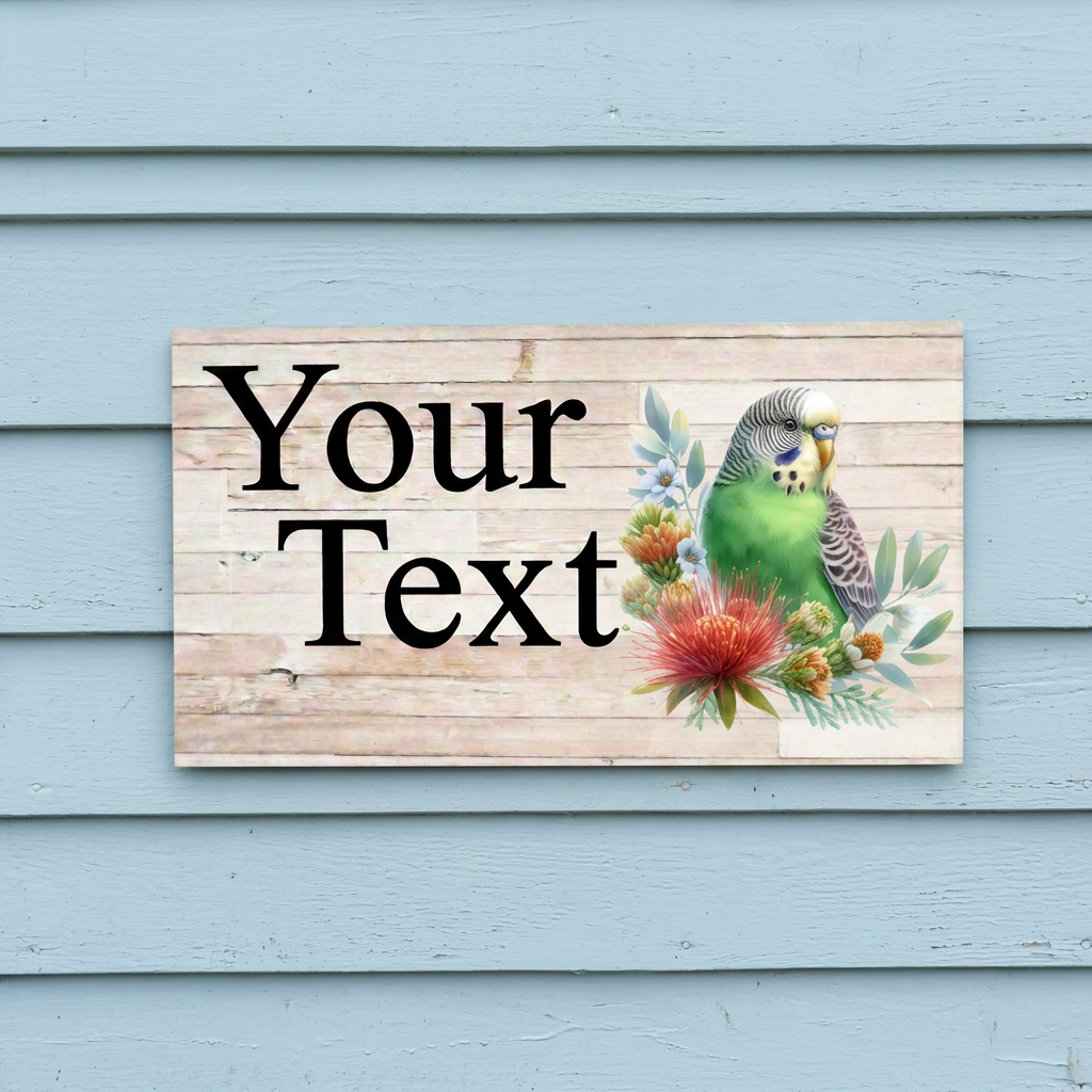 Green budgie sign on blue cottage weatherboards