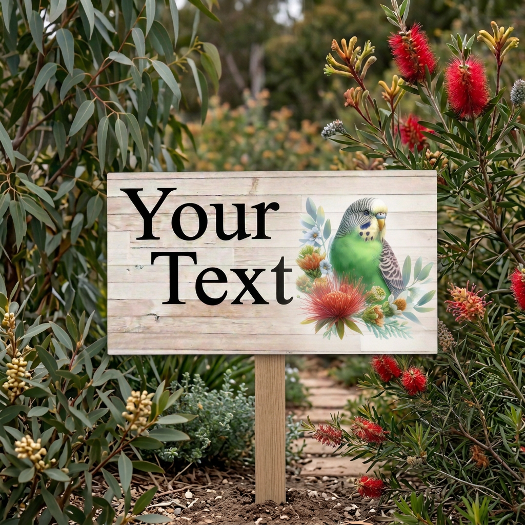 Green budgie Your Text sign on a timber stake in a garden