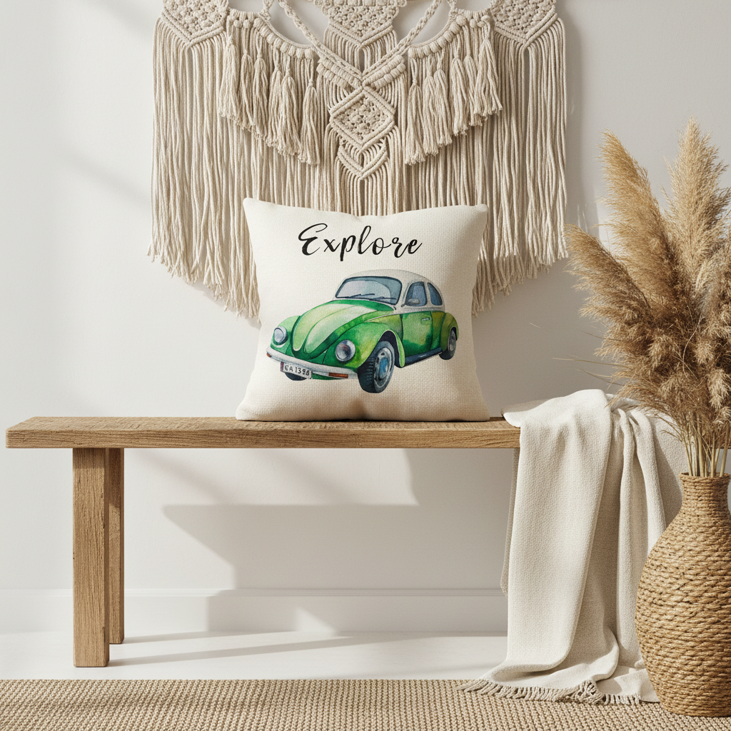 Green Explore Beetle cushion — boho bedroom lifestyle