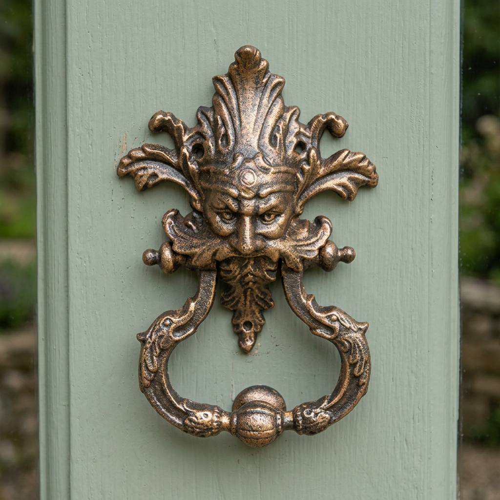 Green Man cast iron door knocker on a sage green cottage door