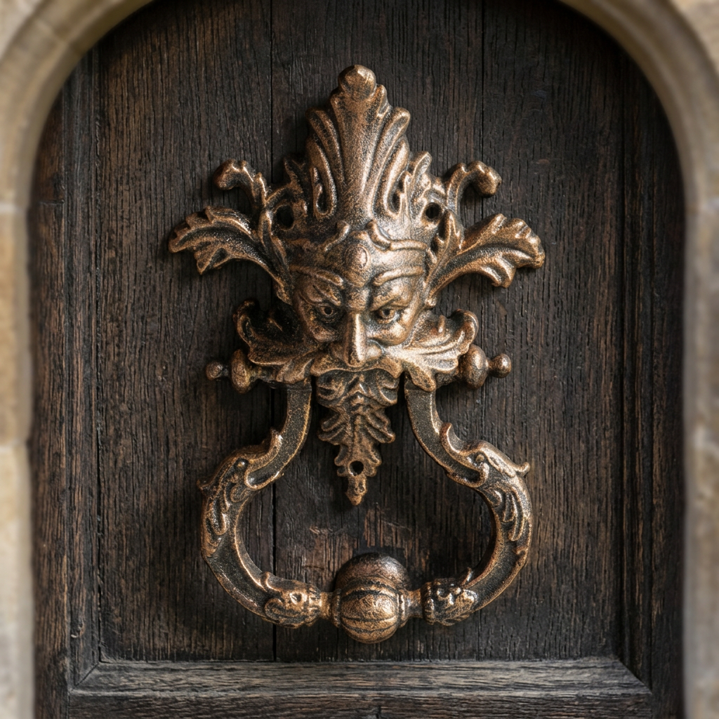 Green Man cast iron door knocker on an aged oak cottage door