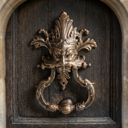 Green Man cast iron door knocker on an aged oak cottage door