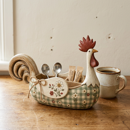 Green rooster caddy at a farmhouse coffee station