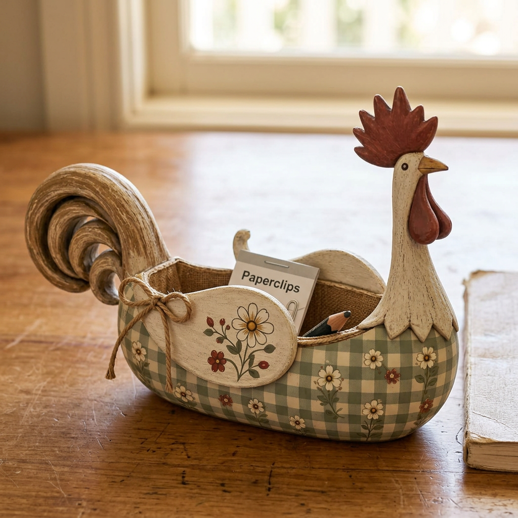Green rooster caddy organising small desk essentials