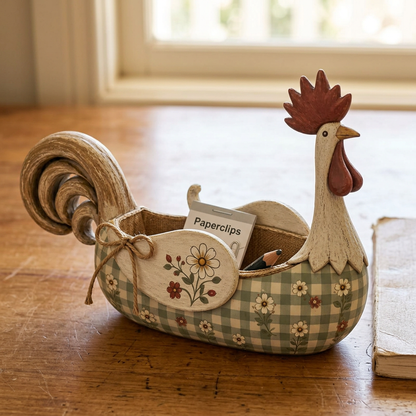Green rooster caddy organising small desk essentials