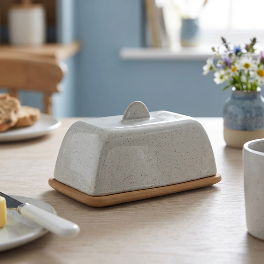 Grey butter dish in a cottage kitchen