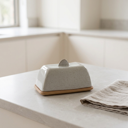 Grey butter dish in a modern kitchen