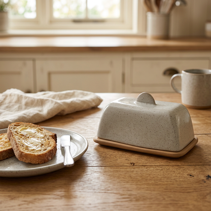 Grey butter dish on a farmhouse breakfast table