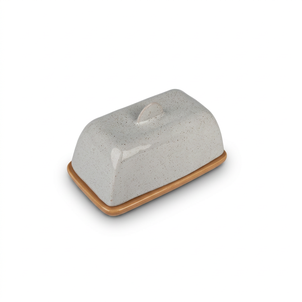 Grey speckled ceramic butter dish on white
