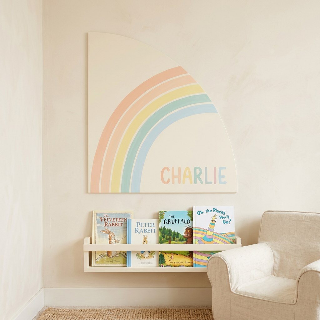 Half-arch panel with a nursery rainbow and name